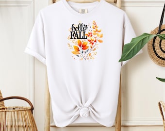 Hello Fall Shirt, Super Cute Hello Fall T-Shirt, Autumn Leaves and Cozy Days Tee,  Autumn Shirt, Vibrant Autumn Leaves T-Shirt