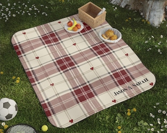 Personalized Tartan Picnic Blanket Heart Plaid Throw Fleece Red Pattern Waterproof Backing Oxford Cloth Camping Accessory Outdoor Beach Park
