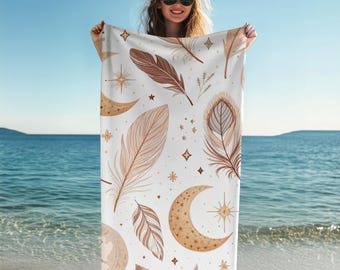 Boho Moon and Feather Beach Towel, Summer Essential, Poolside Towel, Travel, Festivals, Nature Lovers. Boho Celestial Dreams Beach Towel