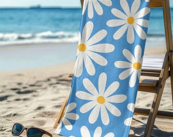 Daisy Beach Towel, Summer Beach Accessory, Poolside Towel, Vacation Gift, Vibrant Floral Summer Beach Towel, Daisies on Blue Beach Towel