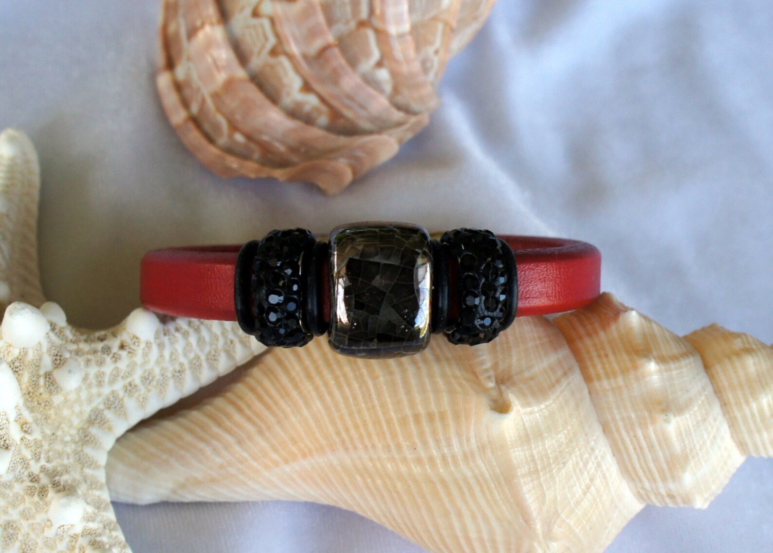 Red Rhinestone Leather Bracelet Etsy