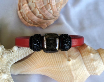 Red Rhinestone Leather Bracelet