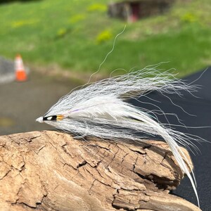 May include: A white fly fishing lure with iridescent accents and black and orange bands. The lure is tied with white feathers and is sitting on a piece of driftwood.
