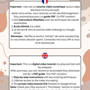 K&ouml;nnte beinhalten: Ein digitales Videotutorial f&uuml;r ein Bastelprojekt. Das Bild zeigt Text in Englisch und Franz&ouml;sisch, der erkl&auml;rt, dass das Tutorial ein digitaler Download ist und einen PDF-Leitfaden mit Schritt-f&uuml;r-Schritt-Anleitungen, lebenslangen Zugriff auf das Video und einen privaten Videotutorial-Link enth&auml;lt.