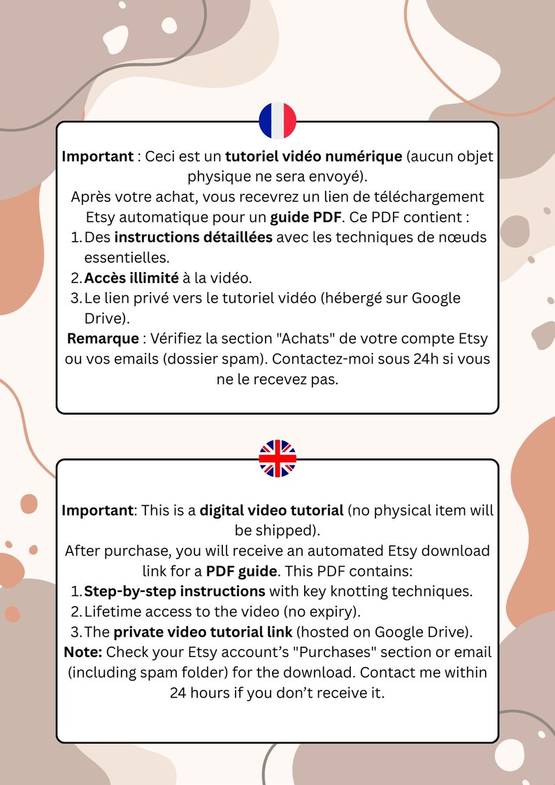 K&ouml;nnte beinhalten: Ein digitales Videotutorial f&uuml;r ein Bastelprojekt. Das Bild zeigt Text in Englisch und Franz&ouml;sisch, der erkl&auml;rt, dass das Tutorial ein digitaler Download ist und einen PDF-Leitfaden mit Schritt-f&uuml;r-Schritt-Anleitungen, lebenslangen Zugriff auf das Video und einen privaten Videotutorial-Link enth&auml;lt.