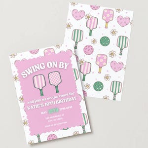 Pickleball-Geburtstagseinladung - Swing On By - Bearbeitbare Canva-Vorlage - Mädchen Pickleball Party einladen - Tween Geburtstag druckbar