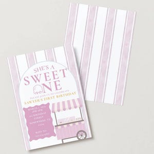 Zaproszenie na pierwsze urodziny z lodami „She’s a Sweet One” – edytowalny szablon Canva – pierwsze urodziny dziewczynki – zaproszenie do druku w różowe paski