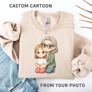 Benutzerdefinierte Cartoon Portrait vom Foto, Oma und Enkelin Geschenk, personalisierte Familienzeichnung auf Sweatshirt, Muttertagsgeschenk