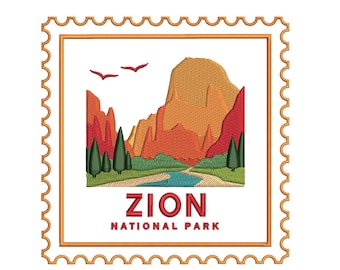 Design de bordado do Parque Nacional de Zion, bordado à máquina do estado de Utah em formato PES DST EXP para viagens, aventura ao ar livre nos EUA, acampamento em cânion