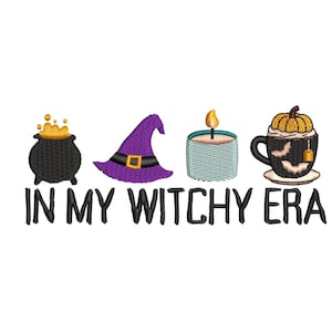 May include: Embroidered design featuring a black cauldron with gold accents, a purple witch hat with a gold buckle, a teal candle with a flame, and a black mug with a pumpkin on top. The text "IN MY WITCHY ERA" is below the images.