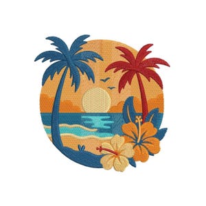 Tropical Ocean Floral Embroidery Design, Summer Embroidery, Holiday Coastal Machine Embroidery, Palm Tree Sunset Hawaii Sailor Gift for Her