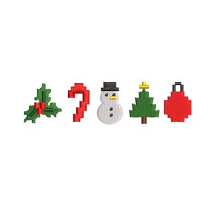 Puede incluir: Conjunto de diseños de bordado navideños pixelados. Los diseños incluyen una ramita de acebo con un lazo rojo, un bastón de caramelo rojo, un muñeco de nieve, un árbol de Navidad y una bola roja.