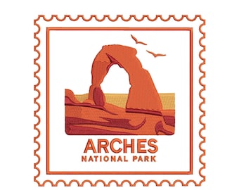 Design de bordado do Parque Nacional Arches, bordado à máquina do estado de Utah em formato PES DST EXP para viagens, aventura ao ar livre nos EUA, acampamento em cânion