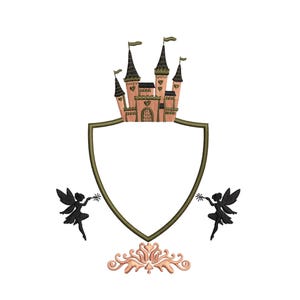 May include: An embroidered design featuring a pink castle with black turrets and flags, set above a shield-shaped frame. Two black fairy silhouettes flank the frame, holding stars. A decorative floral element is at the bottom.
