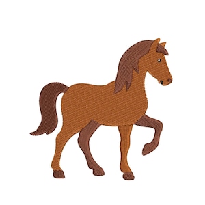 May include: A brown horse embroidery design. The horse is depicted in a side view, with its front leg raised. The mane and tail are a darker shade of brown. The design is on a white background.