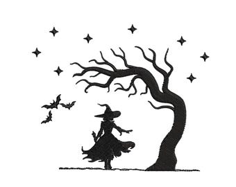 Starry Night Witch Embroidery Design, Spooky Season Magic Bat Embroidery, Quick Stitch October Halloween Machine Embroidery Digital Download