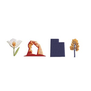 May include: Embroidered designs of a white tulip, a red and orange arch, a navy blue state outline, and a yellow and brown tree. The designs are on a white background.