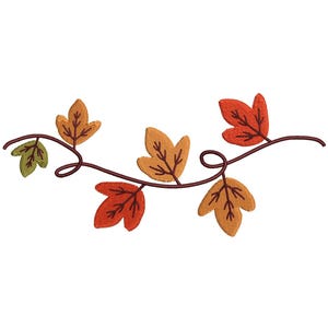 Puede incluir: Diseño de vid bordada con hojas de colores otoñales en tonos verdes, naranjas y amarillos. Las hojas están unidas a un tallo marrón, creando un motivo decorativo y de temporada.