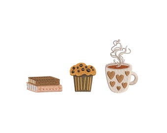 May include: An embroidered design featuring a stack of books, a muffin, and a steaming coffee cup. The coffee cup has heart-shaped designs. The muffin has brown sprinkles. The books are brown and pink.