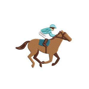 May include: An embroidered design of a horse and jockey in a race. The horse is brown with a dark brown mane and tail. The jockey wears a teal shirt and cap, white pants, and a blue saddle pad. The horse is in mid-stride.