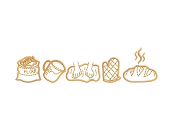 Könnte beinhalten: Eine Reihe goldfarbener, gestickter Bilder, die sich auf das Backen beziehen. Die Bilder zeigen einen Mehlsack, eine Kanne, Hände, die Teig kneten, einen Ofenhandschuh und ein Brotlaib mit aufsteigendem Dampf.