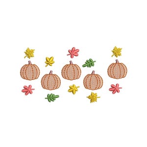 Könnte beinhalten: Gesticktes Design mit sechs Kürbissen in Orange- und Brauntönen, umgeben von grünen, gelben und rosa Blättern. Das Design befindet sich vor einem weißen Hintergrund, ideal für herbstliche Bastelarbeiten.