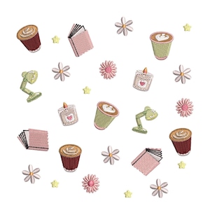 May include: An assortment of embroidered patches featuring coffee cups, books, flowers, candles, desk lamps, and star shapes. The patches are in shades of brown, green, pink, and yellow, with white backgrounds.