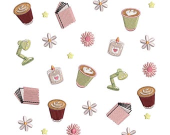 May include: An assortment of embroidered patches featuring coffee cups, books, flowers, candles, desk lamps, and star shapes. The patches are in shades of brown, green, pink, and yellow, with white backgrounds.