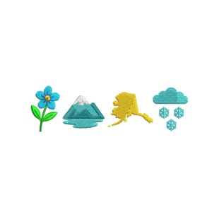 May include: Embroidered patches featuring a blue flower with a yellow center, a mountain with a snowy peak, a yellow outline of Alaska, and a cloud with snowflakes. These patches are ideal for adding to clothing or accessories.