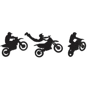 May include: A black silhouette depicting three motocross riders in action. One rider is airborne, another is balancing on the rear wheel, and the third is riding on the ground. The background is plain white.