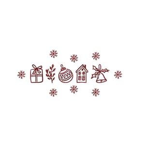 May include: A line of festive Christmas-themed illustrations in dark red, including a gift box, sprig, ornament, house, bell, and snowflakes, set against a white background. The design is simple and elegant.