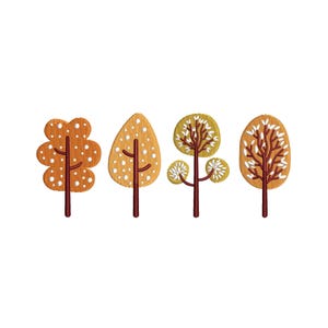 May include: Four embroidered tree designs in shades of orange, brown, and yellow. Each tree has a unique shape, with details like dotted leaves and branch patterns. The trees are set against a white background.