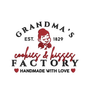 May include: Embroidered logo with the text "Grandma's Cookies & Kisses Factory" featuring a red illustration of a smiling woman. The logo includes the text "Est. 1829" and "Handmade with Love" with heart symbols.