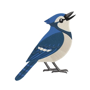 Puede incluir: Imagen bordada de un arrendajo azul, con pecho blanco y cresta azul oscuro. El ave se representa de perfil, con el pico abierto como si cantara. El diseño presenta puntadas detalladas sobre un fondo blanco.