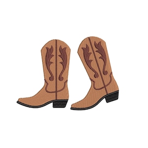 May include: Two embroidered cowboy boots. The boots are light brown with dark brown decorative stitching and accents. The heels are black.