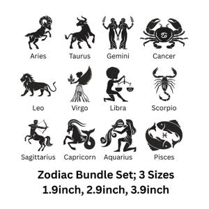 Puede incluir: Ilustraciones negras de signos del zodiaco, incluyendo Aries, Tauro, Géminis, Cáncer, Leo, Virgo, Libra, Escorpio, Sagitario, Capricornio, Acuario y Piscis. El texto "Zodiac Bundle Set; 3 Sizes 1.9inch, 2.9inch, 3.9inch" también está presente.