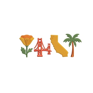 Könnte beinhalten: Gesticktes Design mit einer kalifornischen Mohnblume, der Golden Gate Bridge, einer Karte von Kalifornien und einer Palme. Das Design verwendet orange, rote, grüne und gelbe Fäden auf weißem Hintergrund. Das Design ist wahrscheinlich für einen Aufnäher oder eine Applikation.