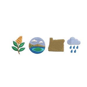 May include: Four embroidered patches representing Oregon: a yellow flower, a blue lake with a green island, the state outline, and a blue cloud with raindrops.