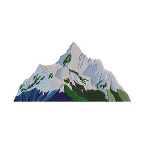 May include: Embroidered mountain design showing a detailed depiction of a mountain range. The design uses shades of blue, green, and grey, with textured stitching for depth. The mountain peak is centered, with a white background.
