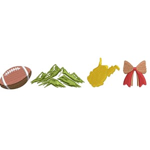 May include: Embroidered designs of a football, green mountains, the state of West Virginia in gold, and a red and tan bow. These designs are likely for patches or appliques.