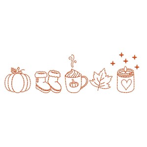 May include: An embroidered design featuring autumn-themed elements. A pumpkin, boots, a mug of hot beverage, a leaf, and a candle are depicted in a warm orange color. The design is likely for fall-themed crafts or decor.