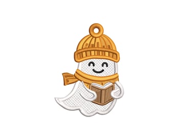 May include: An embroidered patch featuring a friendly ghost wearing a yellow knit cap and scarf. The ghost is holding a brown book and has a smiling face. The design is on a white background.
