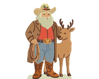 May include: Embroidered image of a cowboy Santa Claus with a reindeer. Santa wears a brown cowboy hat, jacket, and boots, with blue jeans and a red shirt. He holds a rope and stands next to a smiling reindeer. The image has a Christmas theme.