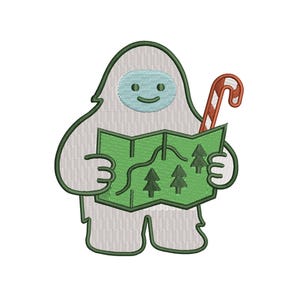 May include: An embroidered design of a friendly yeti holding a green map with trees and a candy cane. The yeti is white with a light blue face and a green outline. The candy cane is red and white.