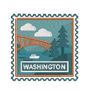 May include: A square embroidered patch shaped like a postage stamp with a teal border. The design features an orange bridge, two evergreen trees, a small white boat on water, and two white clouds against a teal sky. The word WASHINGTON is in white.