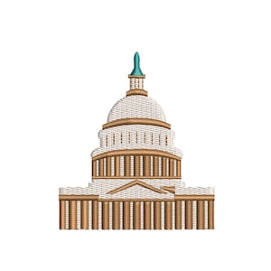 Pode incluir: Imagem bordada do Capitólio dos EUA. O design apresenta uma cúpula e fachada brancas com colunas e detalhes marrons. O topo do edifício tem uma agulha azul-turquesa. A imagem está em um fundo branco.