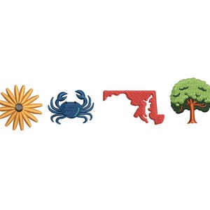 May include: Embroidered patches featuring a yellow flower, a blue crab, a red outline of Maryland, and a green tree. These patches are likely designed for apparel or accessories, showcasing state symbols and nature.