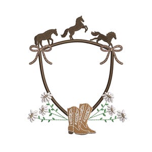 May include: Embroidered design featuring a brown shield shape with three horses, cowboy boots, daisies, and rope bows. The horses are in various poses, and the boots have decorative stitching. The daisies and green stems add a floral touch.