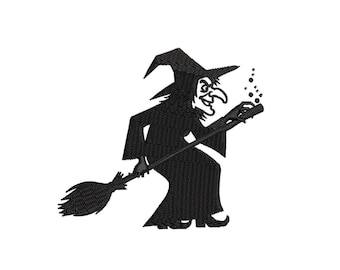 Simple Wicked Witch Embroidery Design, Witch on a Broom Silhouette Embroidery, Easy Stitch Halloween Machine Embroidery Digital Download pes