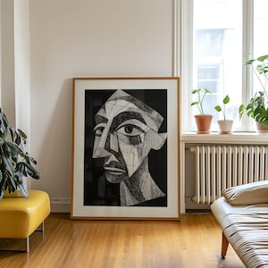 Black and white abstract portrait, Pablo Picasso inspired pencil drawing